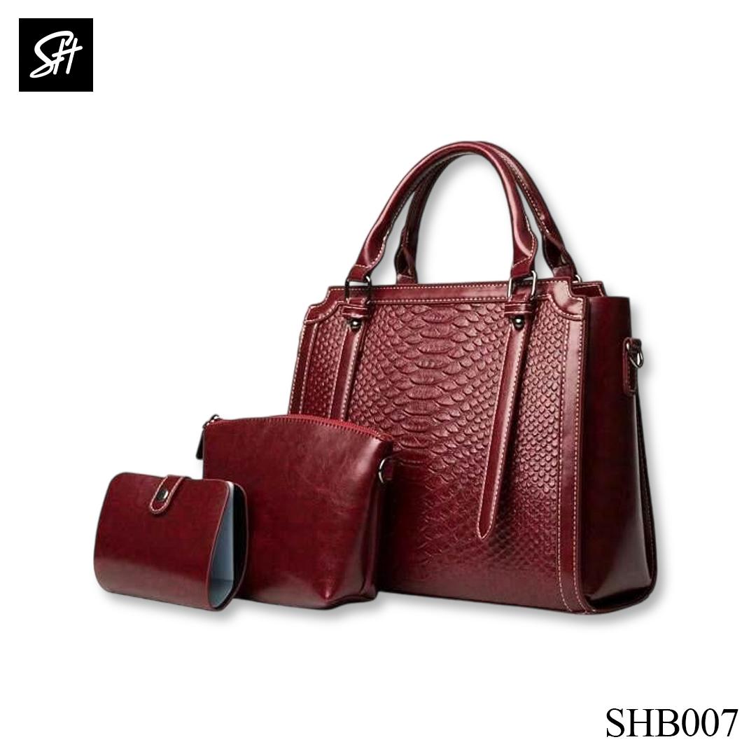 SH Bangladesh High-quality synthetic leather 3-piece handbag set with a stylish clutch and mini wallet